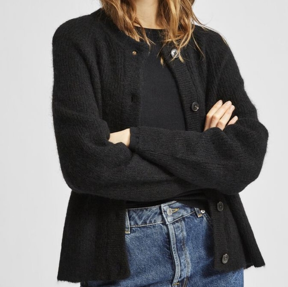 SELECTED FEMME alpaca wool blend black cardigan size M lightweight warm - Picture 2 of 12